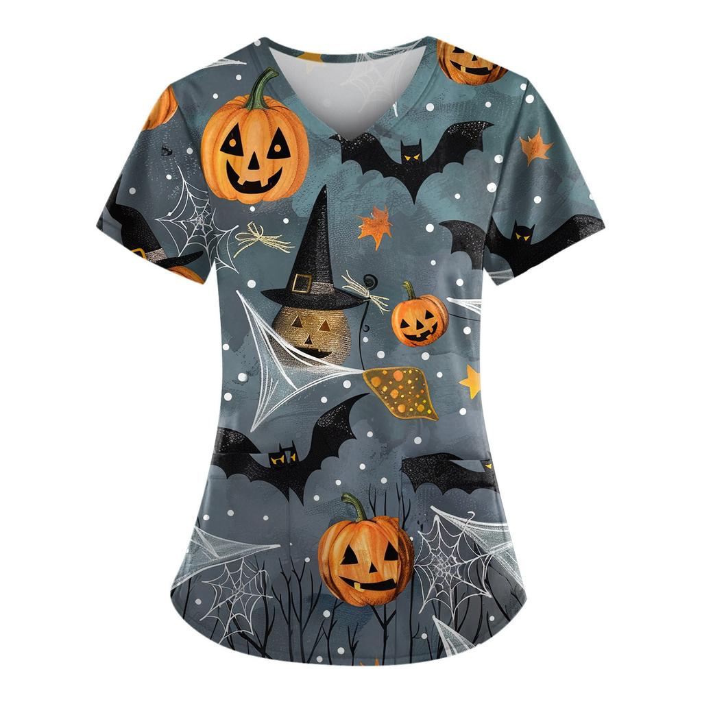 Женский V-образный вырез, модный повседневный топ с принтом на Хэллоуин, топ Dry-nurse