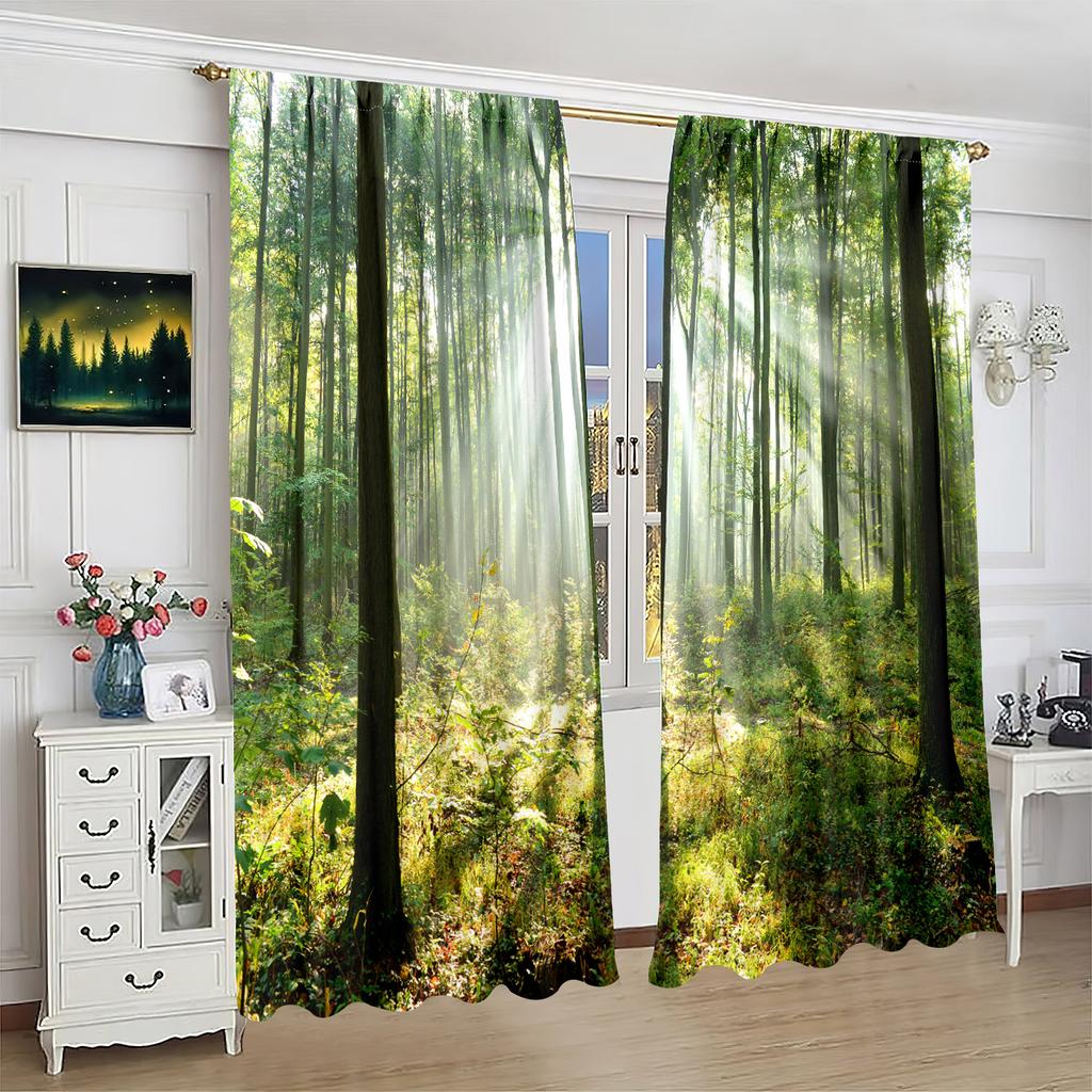 2 Pieces - Forest Print Curtain - Polyester Material - Suitable for Bedroom, Living Room, Study, Private Space