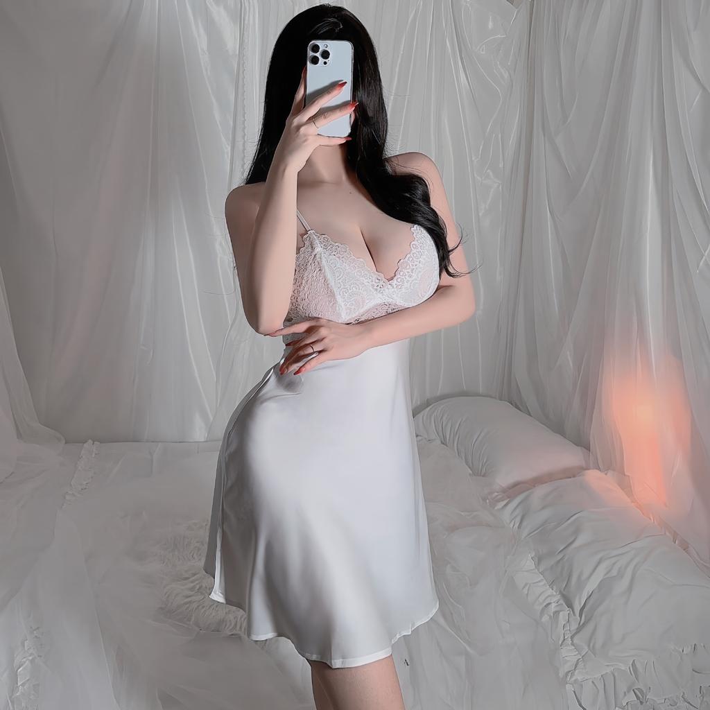 Женская белая атласная кружевная ночная рубашка с глубоким V-образным вырезом, облегающая, сексуальная, приятная для кожи, одежда для отдыха 547, элегантная, вневременная, для сна, в классическом белом оттенке