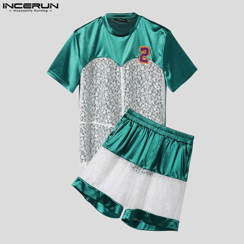 INCERUN Мужские футболки с коротким рукавом и кружевной вставкой, комплекты из сетчатых шорт