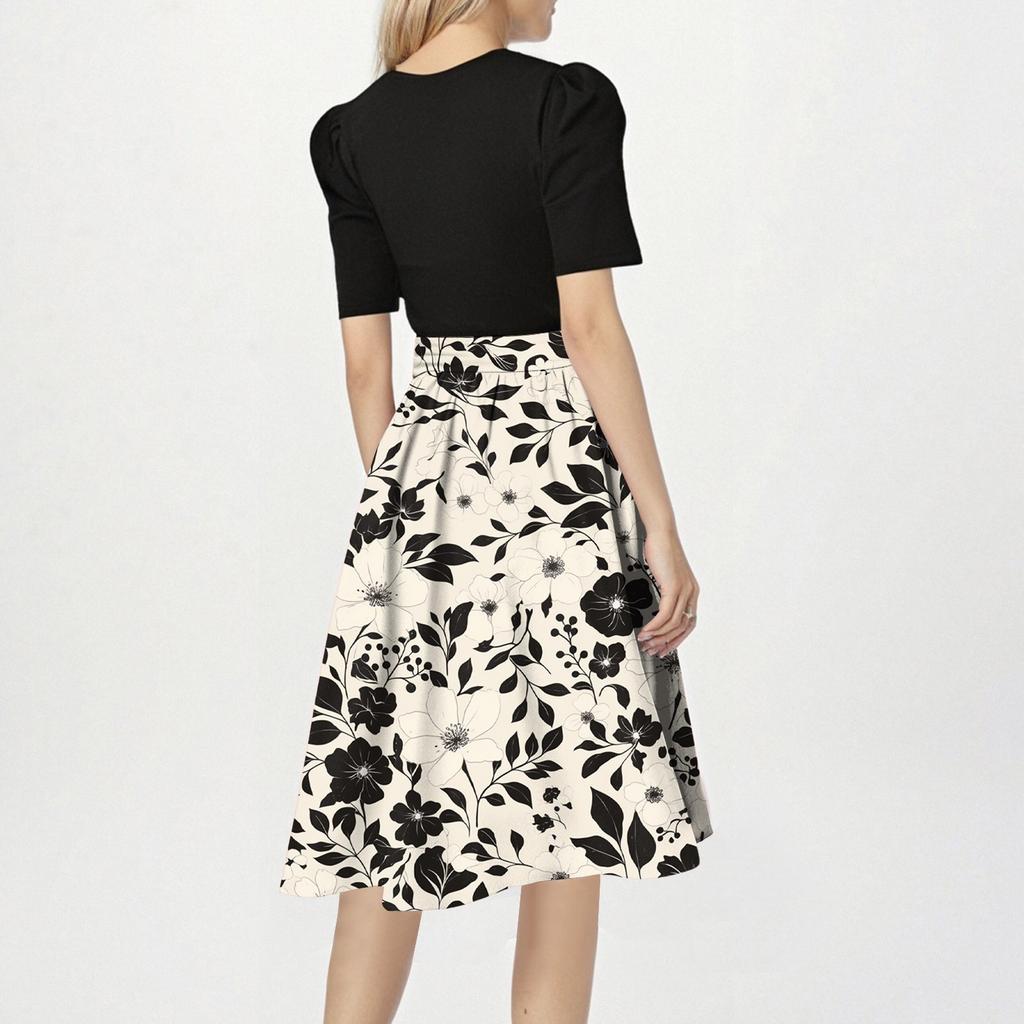 Women's Fashionable Casual Belt Short Sleeved Round Neck Printed Patchwork Dress