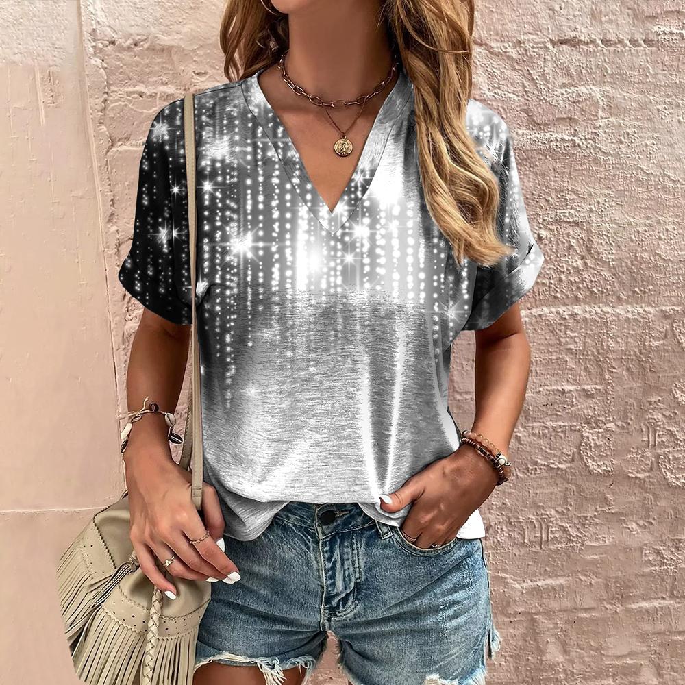 Модная женская футболка с коротким рукавом и V-образным вырезом, летняя блестящая повседневная футболка для женщин, свободный топ оверсайз, пуловер, женская футболка