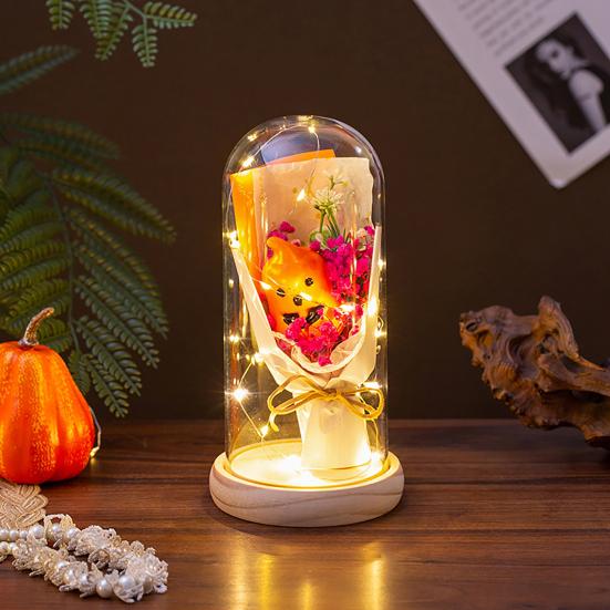 LED Clear Dome Pumpkin Night Light Halloween Pumpkin Figurine In Cloche with LED Light for Home Kitchen Mantel Tabletop Decor
