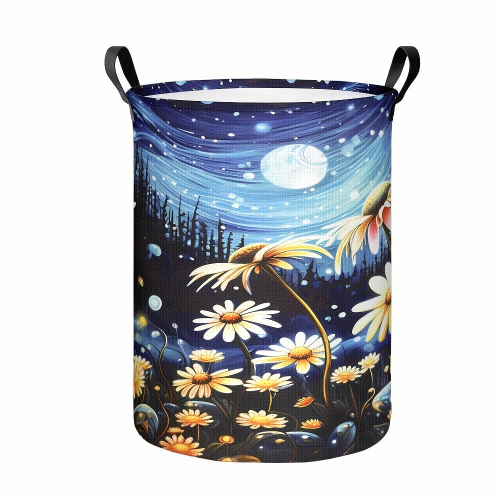 1pc, Moonlit Daisy Laundry Basket, Night Sky Moon And Flower Print Collapsible Storage Bin, Organizer Basket with Handles for Clothes, Towels, Bedroom