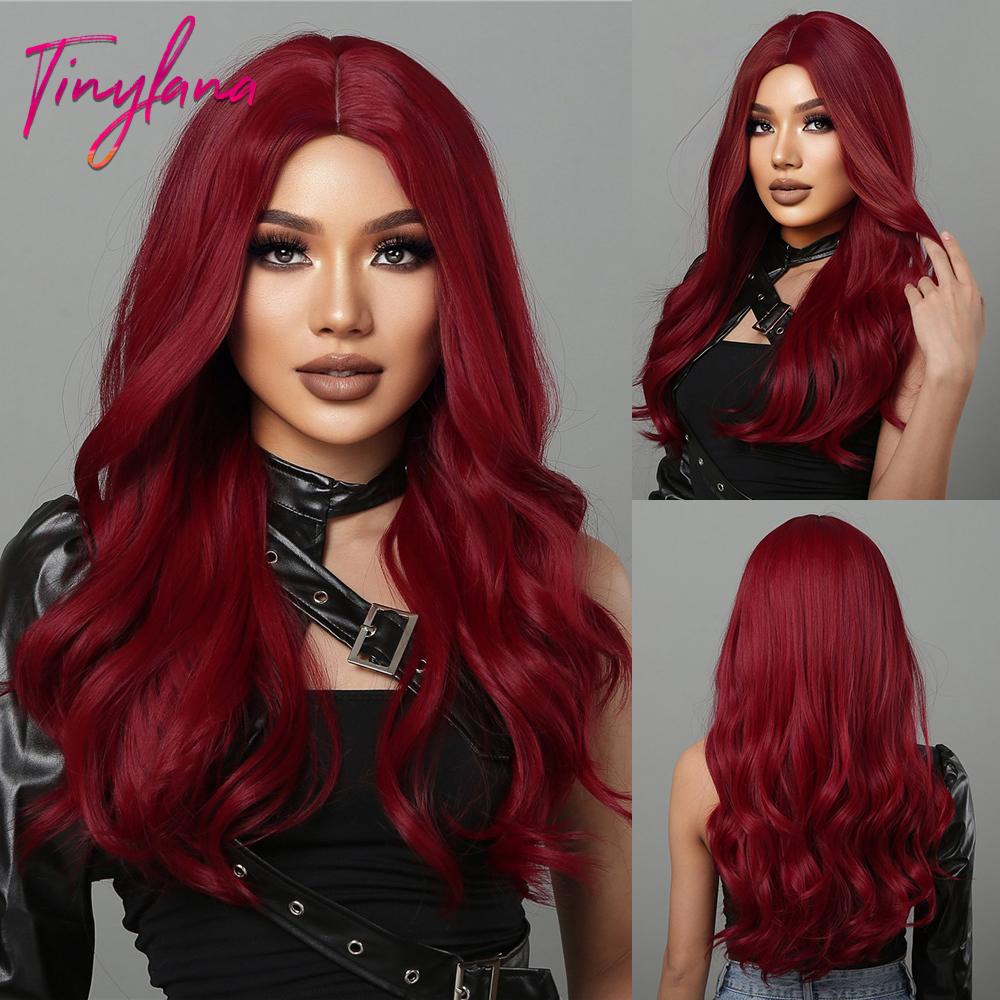 Длинные волнистые бордовые темно-красные парики из синтетических волос с пышной челкой для женщин, винно-красные объемные волны, натуральный парик для косплея на Хэллоуин