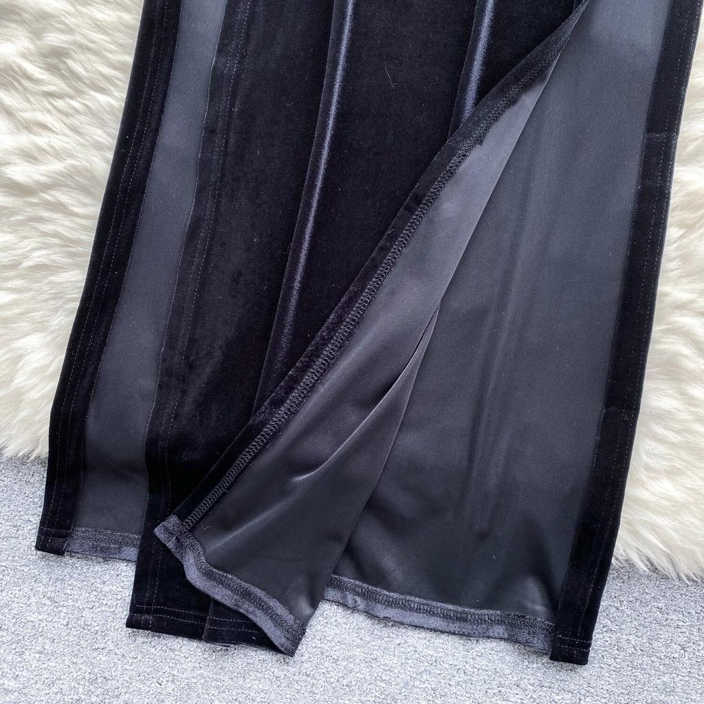 2024 Холтер Сексуальное бархатное цельное платье Женское V-образным вырезом с открытой спиной на шнуровке Slim Fit Платья Женская мода Сплит Длинное элегантное вечернее платье