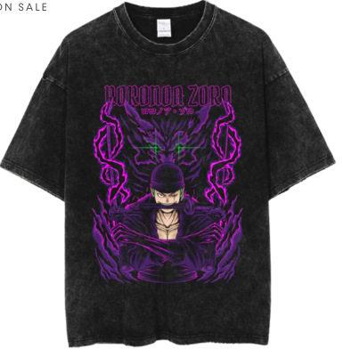 One Piece Roronoa Zoro Conquerors Haki Purple Aura Vintage Washed Tshirt 2026 Summer Streetwear Anime Graphic Tee For Men Women