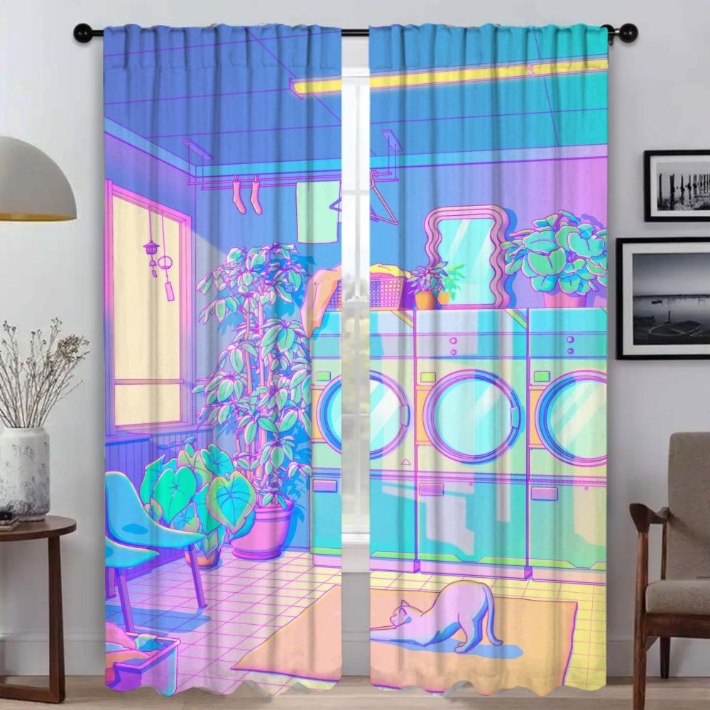 City Pop Curtains for Bedroom Halloween Decoration Kitchen Curtains 2 Pieces Window Curtain Partition Living Room Curtain Shades