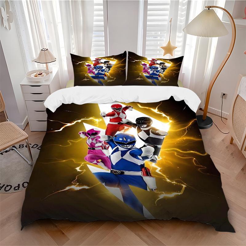 3pcs Lightning Power Rangers Printed Quilt Set - Includes 1 Quilt Cover and 2 Pillowcases, Machine Washable - Suitable for All Seasons.F035