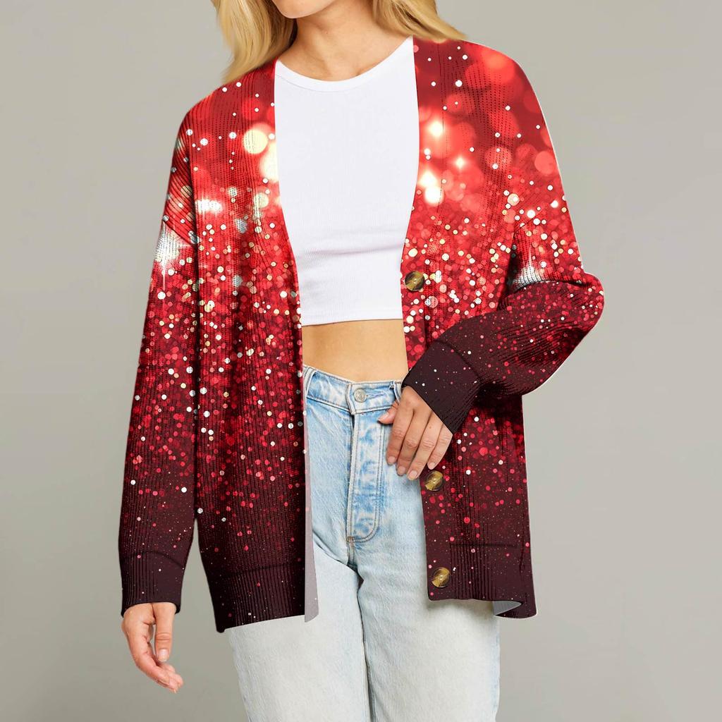 Женский модный кардиган с длинным рукавом, V-образным вырезом, на пуговицах, свободного кроя, с рождественским принтом