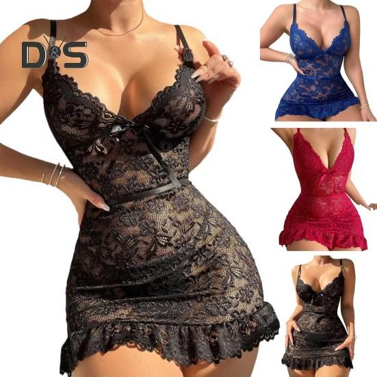 Women Nightdress V Neck Hollow Out Floral Embroidery Backless Sleeveless Slim Fit Nightwear Ruffle Hem See-through Seductive Nightgown for Bedroom