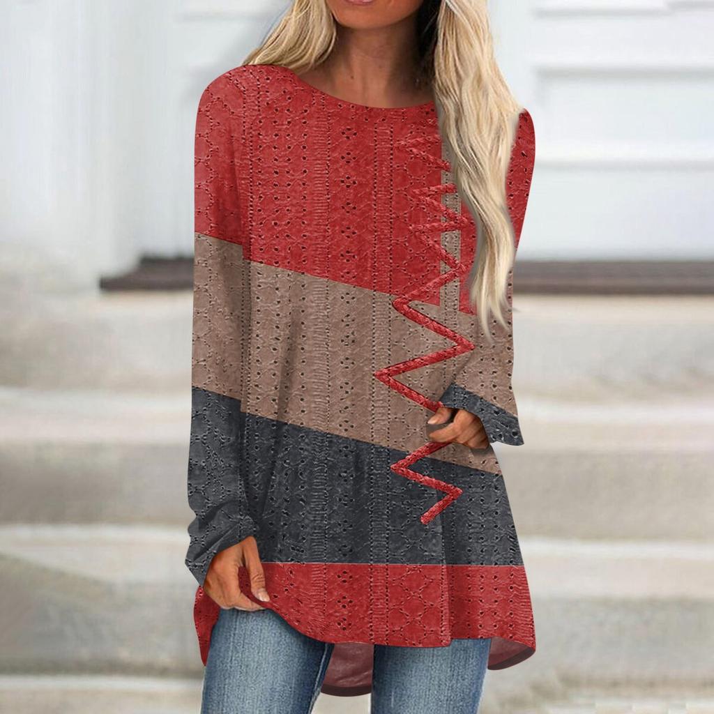 Womens Tops Round Neck Long Sleeve Blouses Casual Mid-length Shirts Fashion Print Tunic Tops