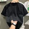 Summer Couple T-shirt Rhinestone Decor Round Neck Plus Size Short Sleeves Loose Pullover Solid Color Mid Length Unisex Daily Top