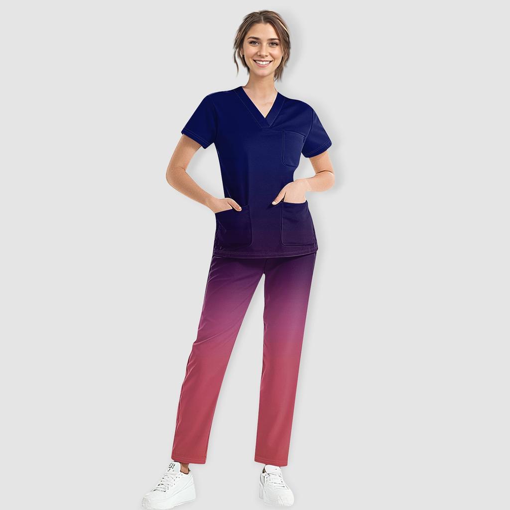Women's Short Sleeve V Neck Gradation Chest Pocket Work Top Elastic Waist Pants Two Piece Work Set,3 Pockets,Scrubs Tops For Women