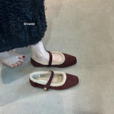 Женщины носят хлопковые туфли-лодочки осенью и зимой, однотонные туфли на плоской подошве, туфли Мэри Джейн с ремешком, теплые туфли с помпонами