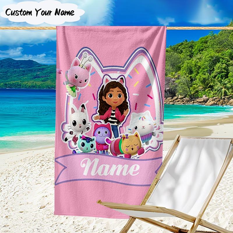 1PC Custom Name Beach Towel Kitty Dollhouse Adventure Beach Towel, Suitable for Camping, Travel, Beach Accessories, Super Absorbent, Family Gift