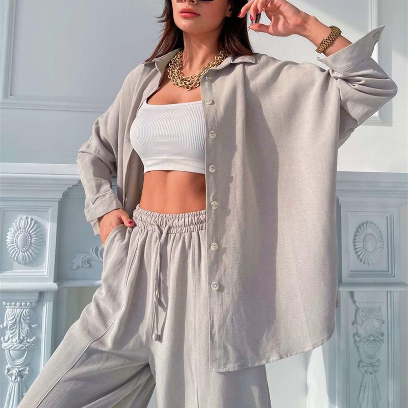 Кардиган, брючные костюмы, одежда для дома, женская одежда из 2 предметов, одежда для сна, зима-осень, ночная рубашка, однотонная винтажная элегантная базовая свободная повседневная домашняя одежда