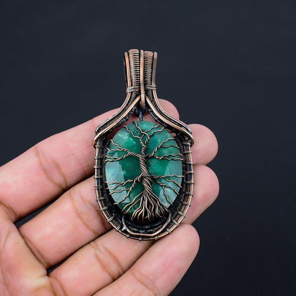 Подвеска ручной работы с Древом жизни, созданный в лаборатории изумрудный драгоценный камень, обернутая чистой медной проволокой
