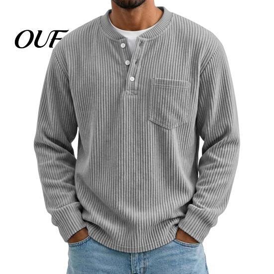 Casual Weekend Outfits for Men Corduroy Pullover Shirt, Long Sleeve Button Collar with Chest Pocket, Daily Wear Shirt Loose Fit Ribbed Textured