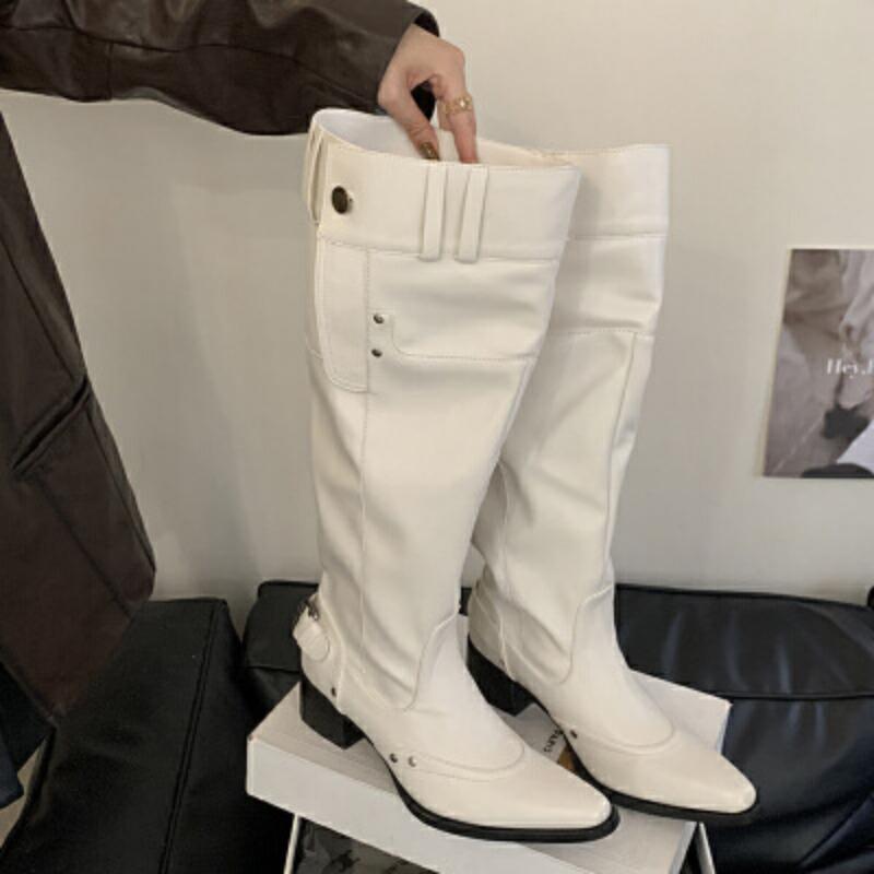 Big Tube Around Boots Women's Autumn and Winter New Fashion Babes But Knee Boots Pointed Thick Heel Black Pile Boots