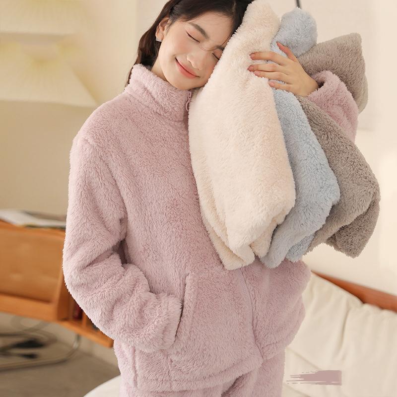 Winter Coral Velvet Women's Pajamas Set Thickened Flannel Long-sleeved Turtleneck Trousers Pajama Set Loose Flannel Home Clothes