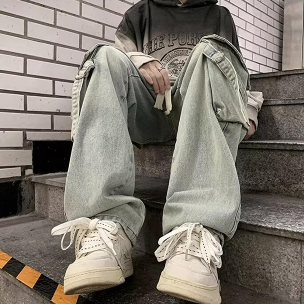 Autumn and Winter New Japanese Overalls Jeans Men and Women American Retro High Street Micro-la Washed Wide-leg Straight Pants