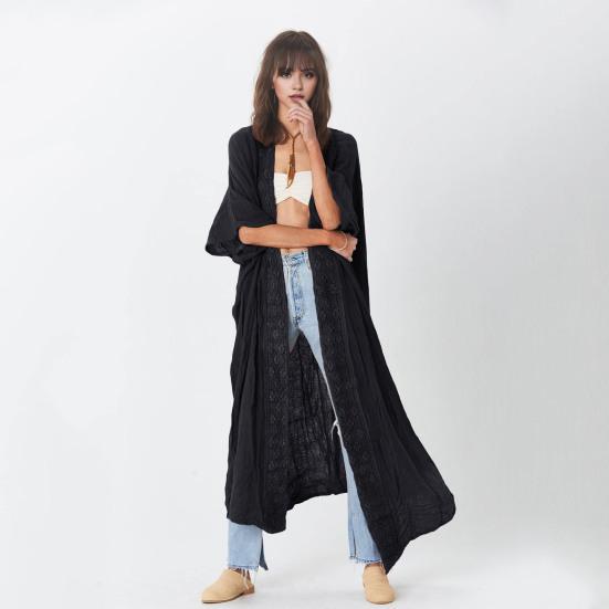 Lady Beach Cardigan Sunscreen Anti-UV Long Sleeves Lace Bohemian Style Bikini Cover-up Thin Calf Length Vacation Daily Leisure Style Coat