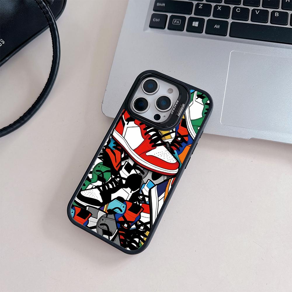 Trendy shoe patterns Acrylic hard shell For iPhone 17pro 15 Pro Max 11 12 13pro Multi functional lens phone holder phone case