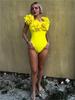 2024 New Vintage 3D Flower Decor Yellow One Piece Swimsuit  Swimwear Women Beachwear Luxury Bathing Suit
