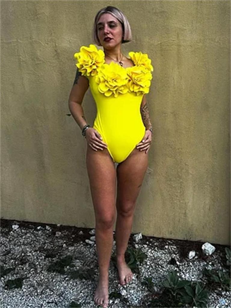 2024 New Vintage 3D Flower Decor Yellow One Piece Swimsuit Swimwear Women Beachwear Luxury Bathing Suit