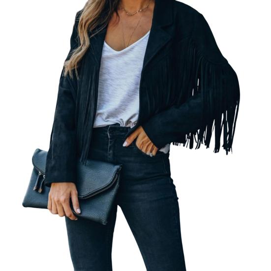 Женская повседневная куртка с кисточками, длинными рукавами, лацканами, укороченное пальто из искусственной замши, байкерская верхняя одежда на весну и осень