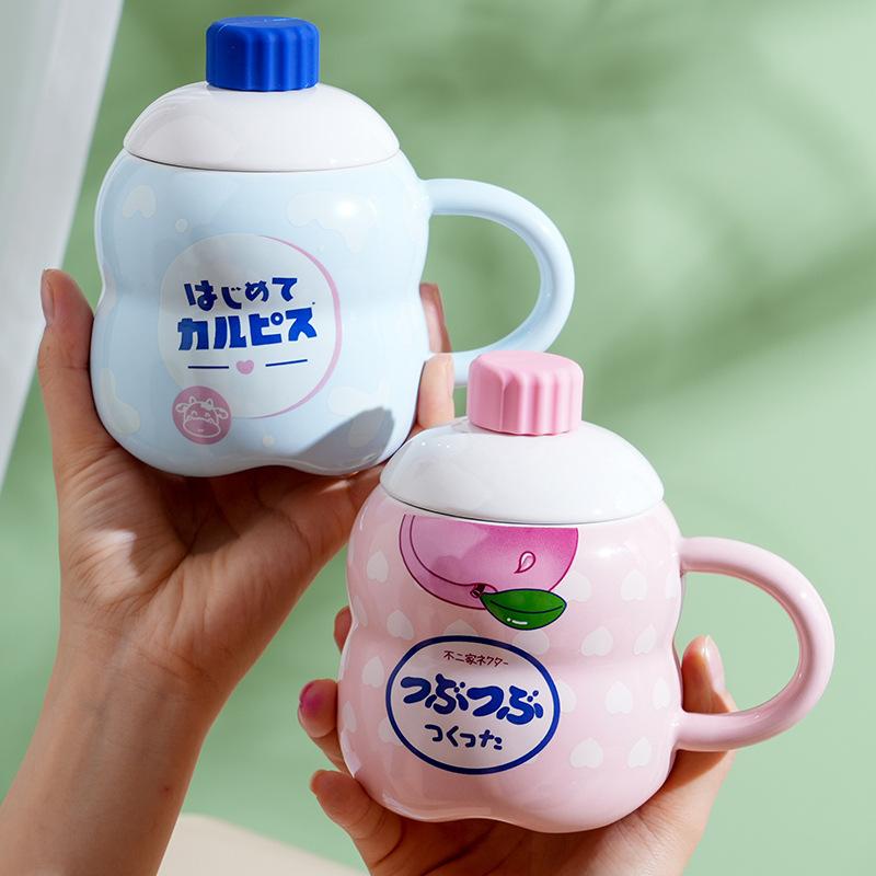 High Looking Cover Spoon Fruit Cute Girl Office Cup Creative Ceramic Cup with Handful of Milk Breakfast Mug