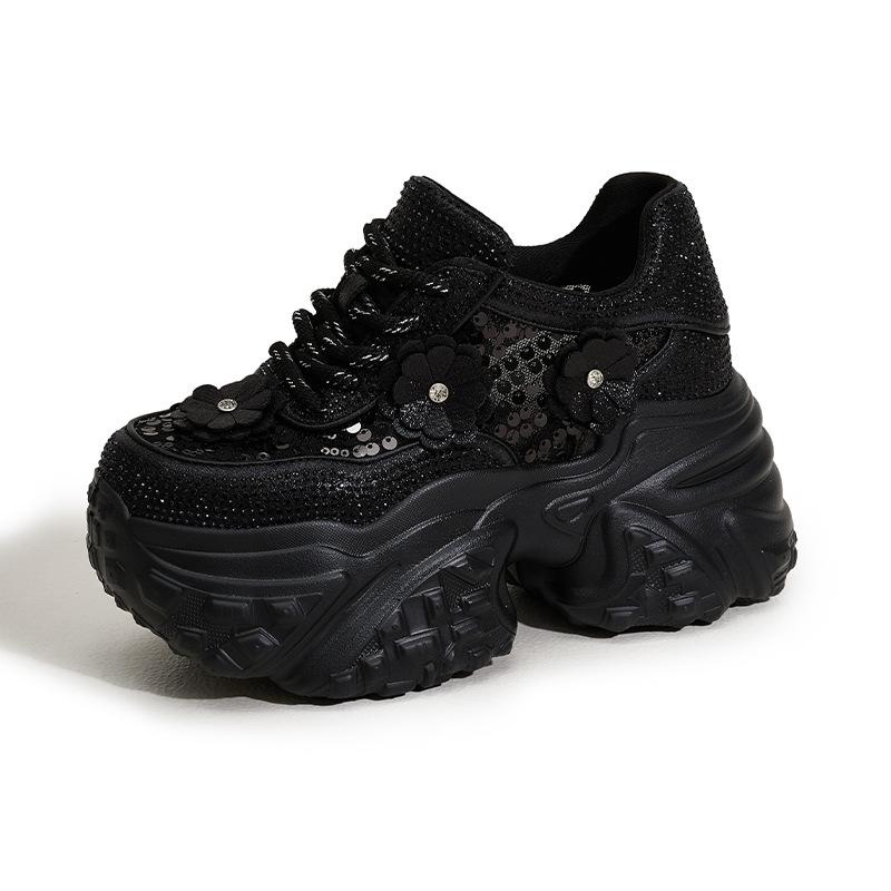 Модные Высокие 10СМ Воздушная Сетка Синтетическая Кожа Блестящие Повседневные Платформа Танкетка Балетки Женские Вулканизированные Полые Летние Массивные Кроссовки Обувь