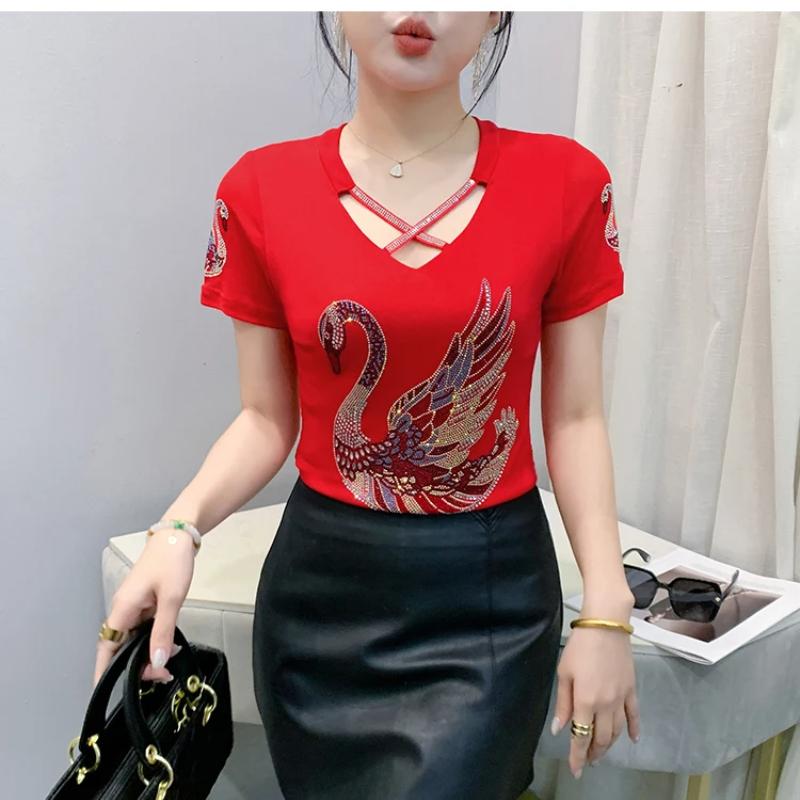 Summer Chic Women Clothes T-shirt Sexy Hollow Out Cartoon Swan Hot Diamonds Tops High Quality Female Luxury Slim Stretch Tees