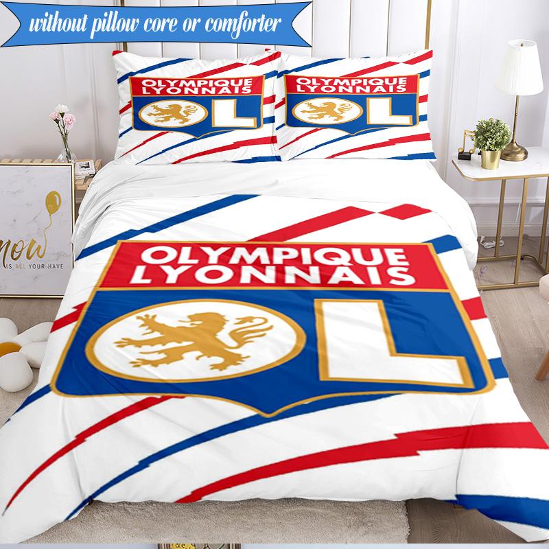 3PCS Lyon Football Crest Design Printed Soft Bedding Set,Including 1pc Duvet Cover And 2pcs Pillowcases Perfect for Bedroom, Dormitory, Fan gift