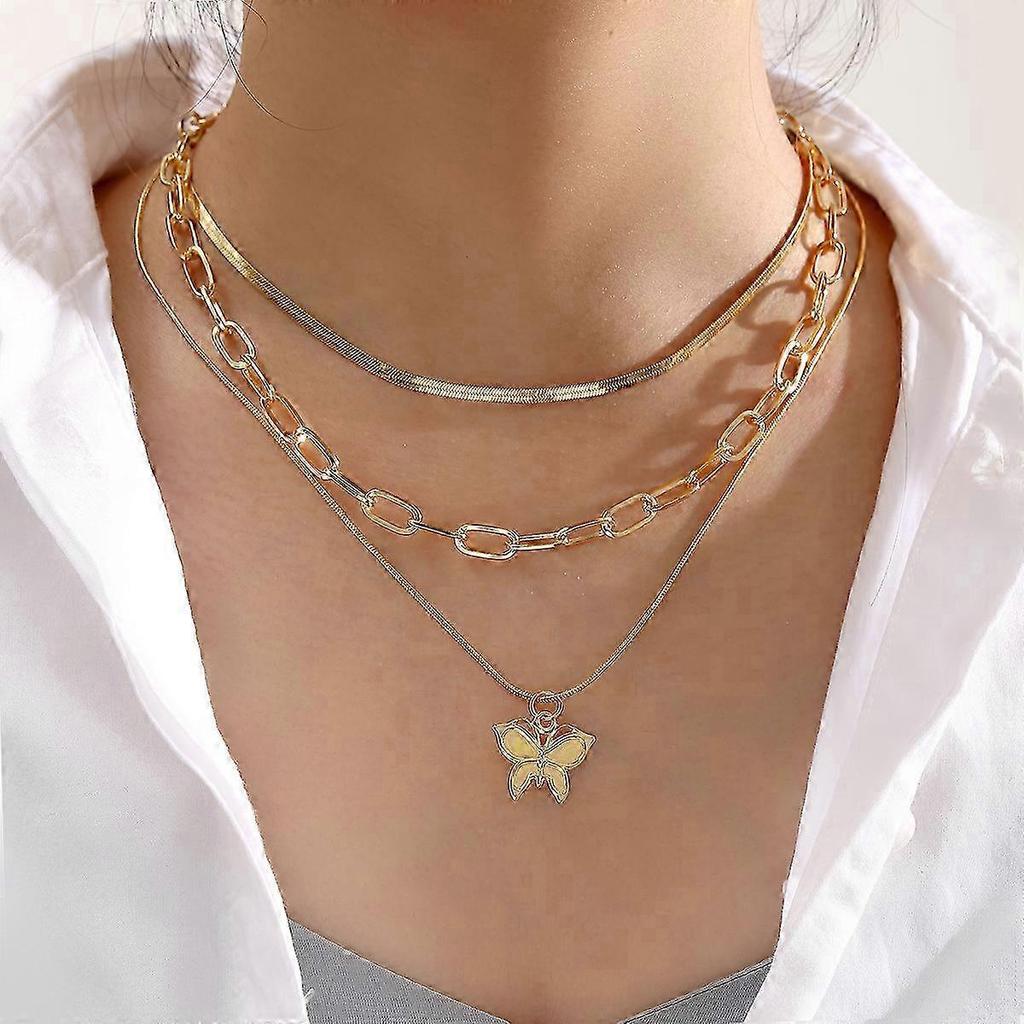 women simple butterfly pendant necklace multi-layer necklace 25-26