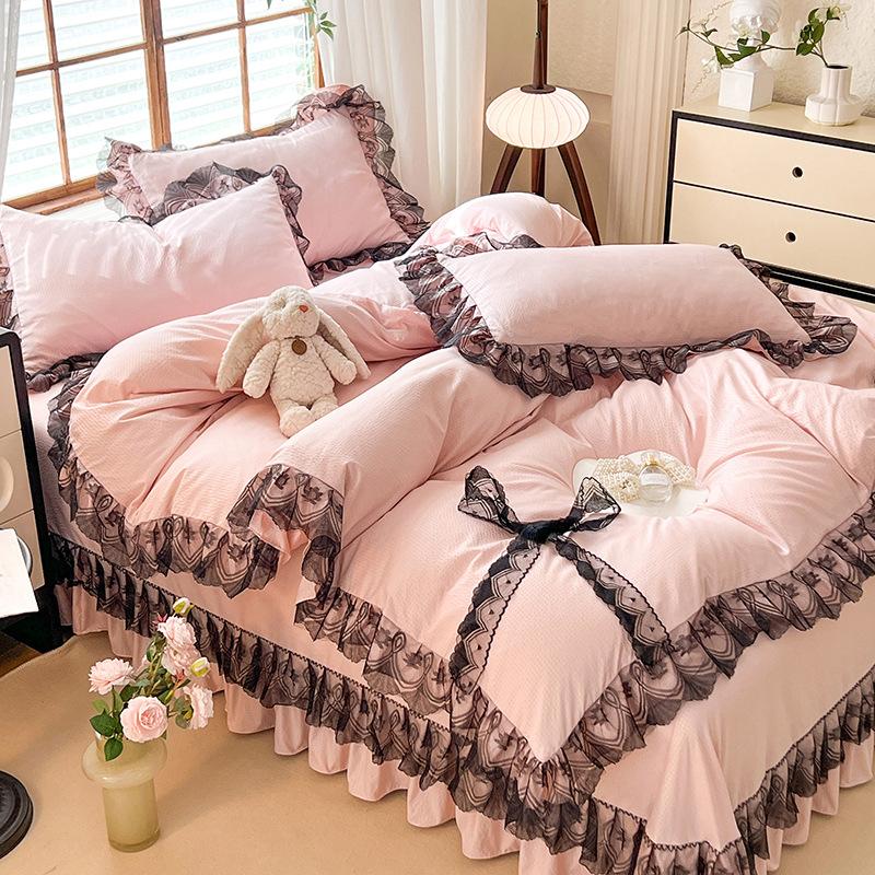 Покрывало из хлопка в стиле принцессы, однотонное, кружевное, стираное, из четырех частей, сирсакер, кружево, двойной пододеяльник