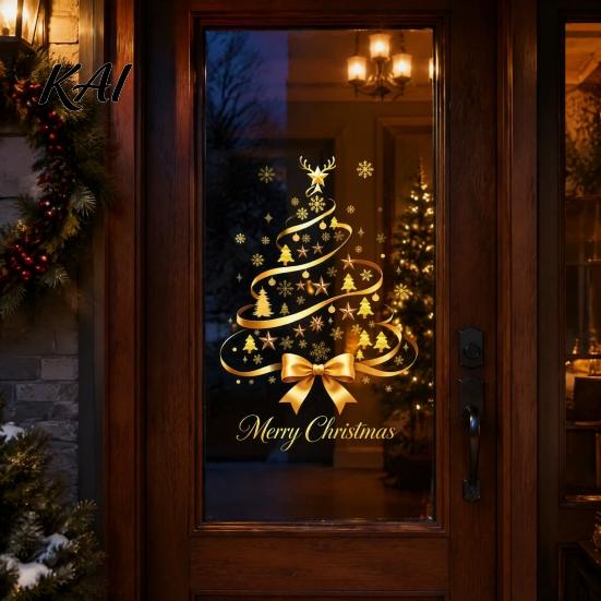 Holiday Storefront Window Displays Gold Ribbon Christmas Tree Static Cling, Glass Sticker with Bow, Reindeer Removable PVC Stickers Antler &
