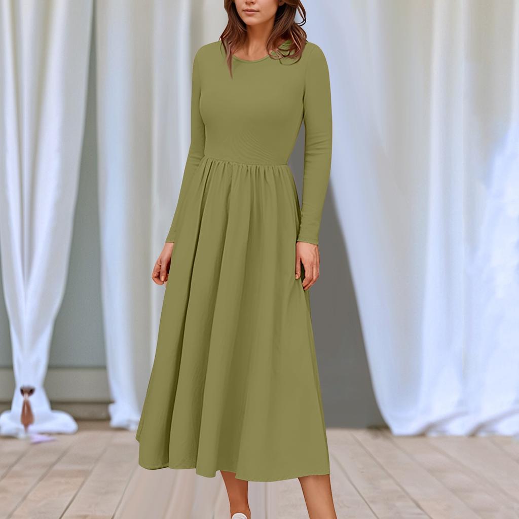 Women's Solid Color Midi Boho Dress Casual Long Sleeve Flowy Smocked Dresses With Pocket Summer And Spring