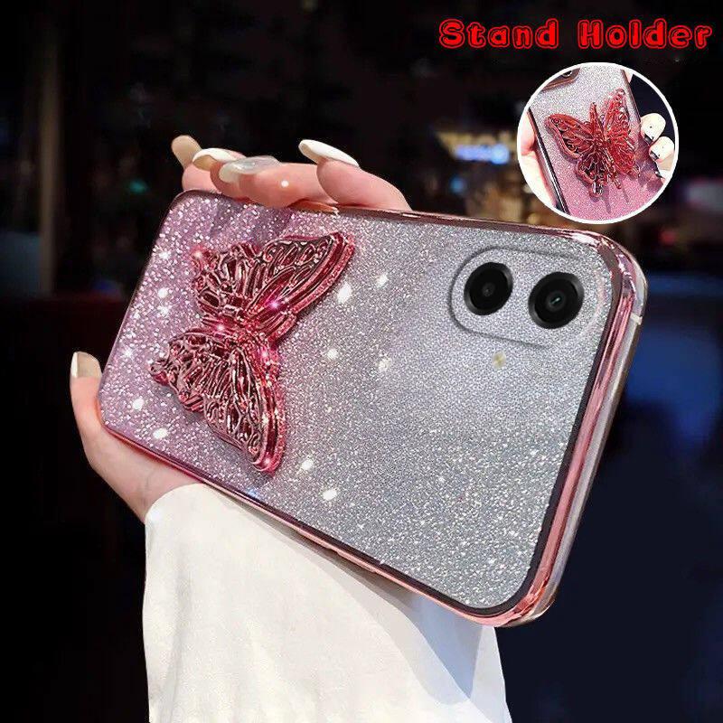 For Samsung Galaxy A07 / A07S / A08 / A18 Case with Cute Butterfly Stand Luxury Slim Gradient Clear Plating Glitter Girls