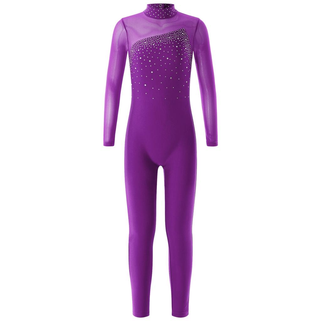 Kids Girls Long Sleeve Shiny Rhinestone Hollow Back Skating Leotard One Piece Gymnastic Jumpsuit