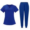 Women's Short Sleeved Solid Color V Neck Pocket Top Pants Work Clothes Two Piece Set