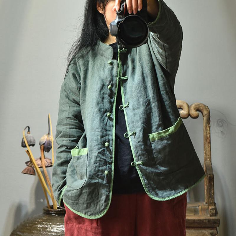 Johnature Women Chinese Style Parkas Cotton Linen Button Stand Long Sleeve Coats Winter Solid Color Warm Loose Parkas