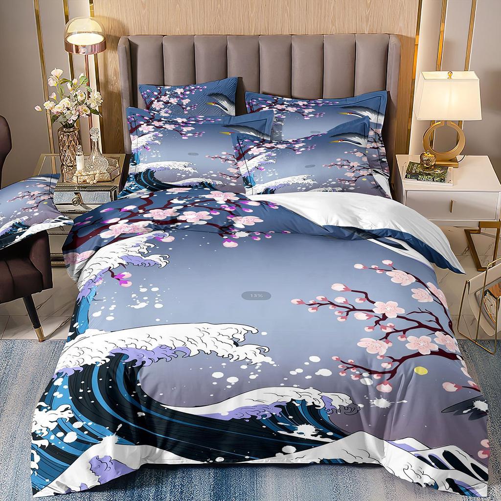 3D Three-Piece Ukiyo-E Painting Wave Flower Quilt Cover Digital Printing Bedding