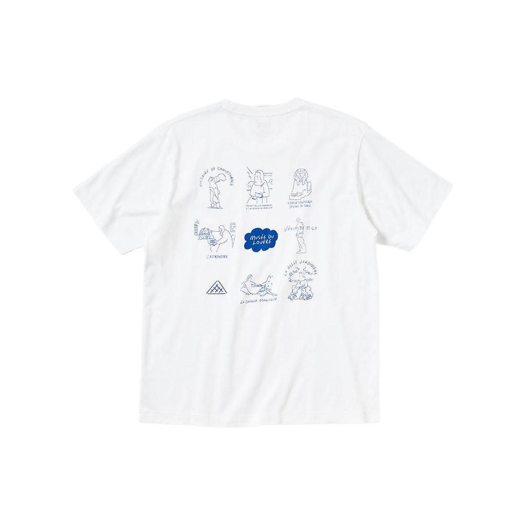 Uniqlo Хлопковая футболка с логотипом Лувра, круглый вырез, унисекс, белая 445596-00