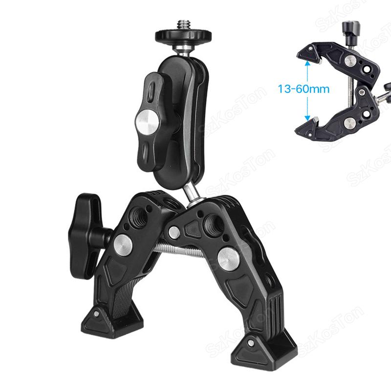 Металлический суперзажим с отверстием 1/4'' 3/8'' с двойной шаровой головкой Magic Arm Clamp для телефона, видеокамеры, монитора, светодиодной подсветки, микрофона