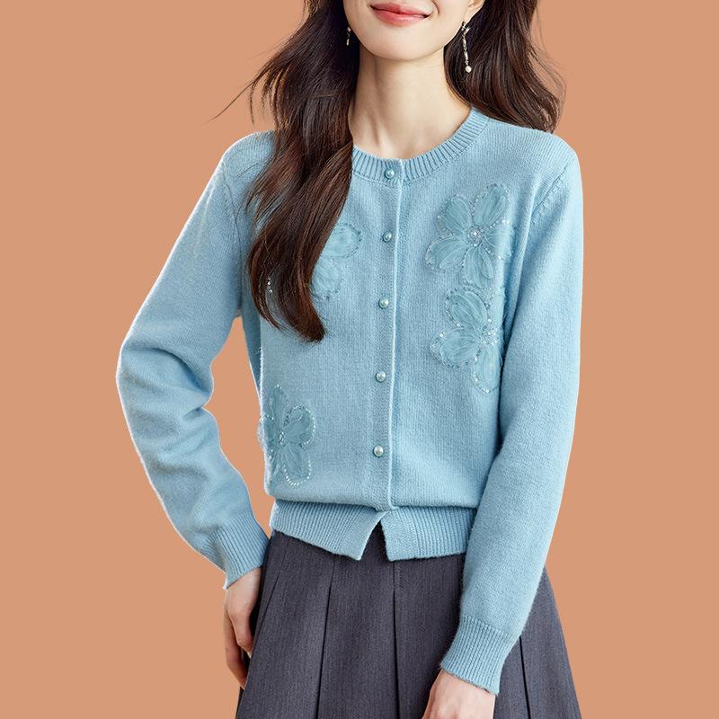 Женский осенне-зимний новый вязаный кардиган с круглым вырезом, кружевными цветами, пайетками и бисером, верхняя одежда, свитер, пальто, топ