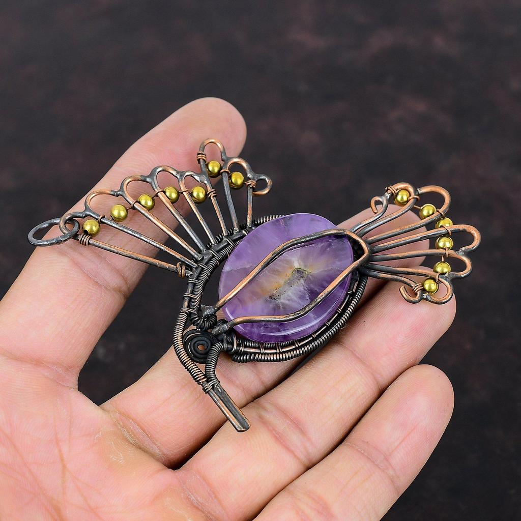 Кулон со звездой и аметистом, кулон в медной проволоке, ювелирные изделия ручной работы, уникальный кулон в виде птицы, удивительные медные украшения, кулон с драгоценным камнем, подарок для жены