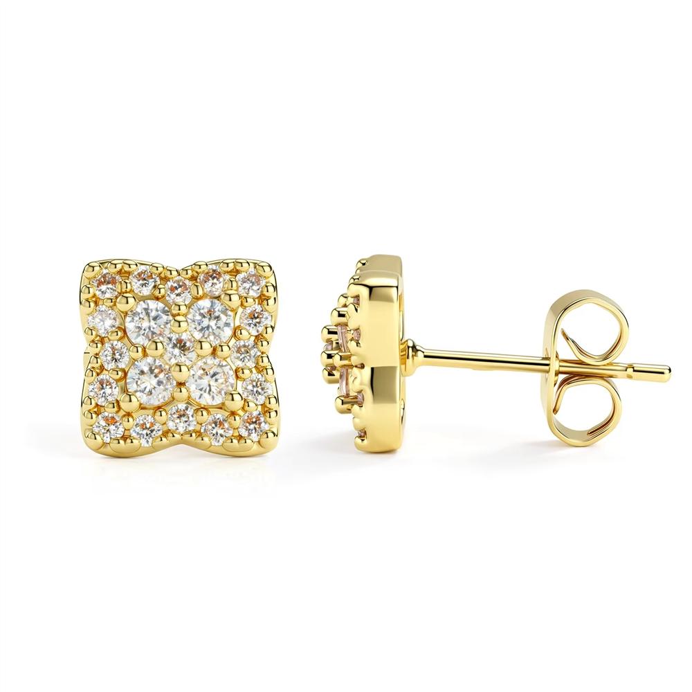 High-End Brass 14K Gold Plated Micro Pave Zirconia Square Flower Stud Earrings Elegant Geometric Jewelry for Women Men
