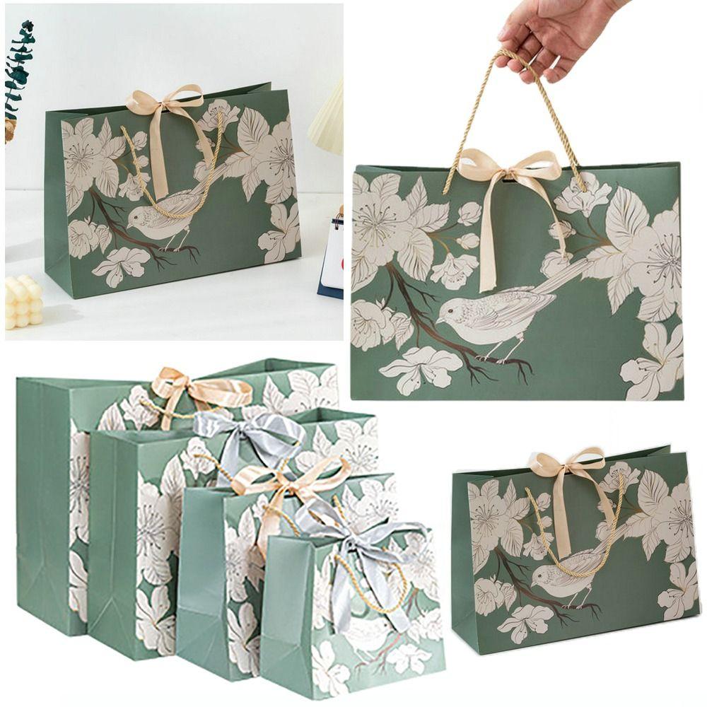 With Ribbon Handhold Paper Bag Luxury Shopping Bag Creative Printing Floral Bird Gift